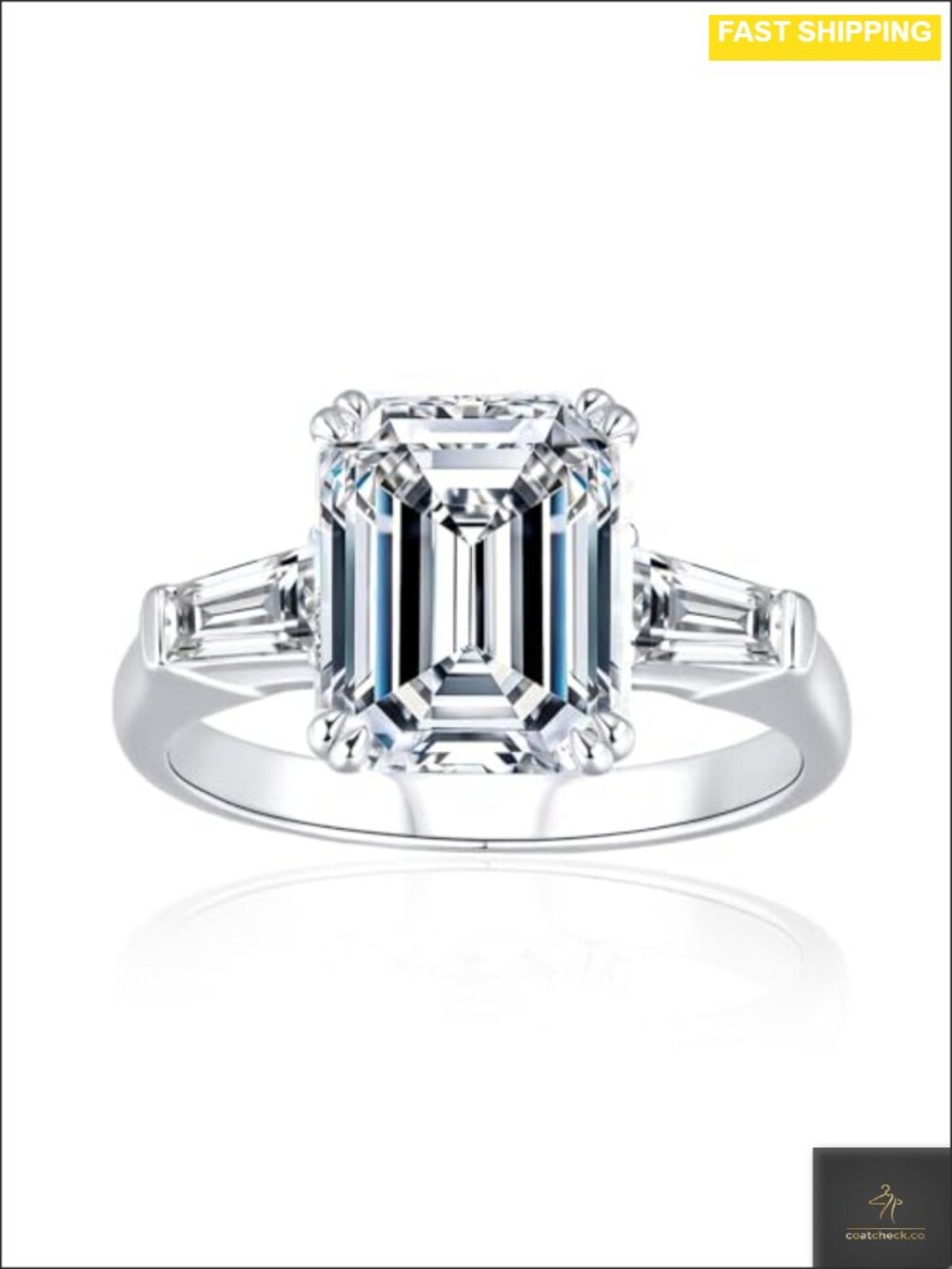 Moissanite Engagement Ring 4ct Emerald Cut 925 Sterling Silver 18K White Gold
